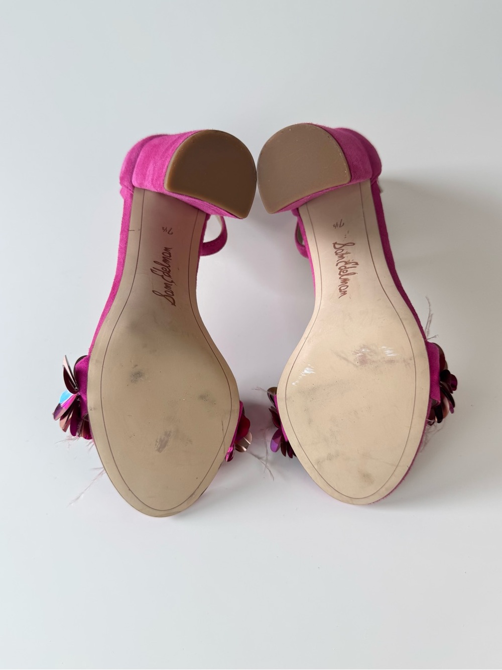 Sam Edelman Yal Heels Pink Suede, Sequins, Feathers Ankle Strap Size 7.5 - Picture 6 of 9